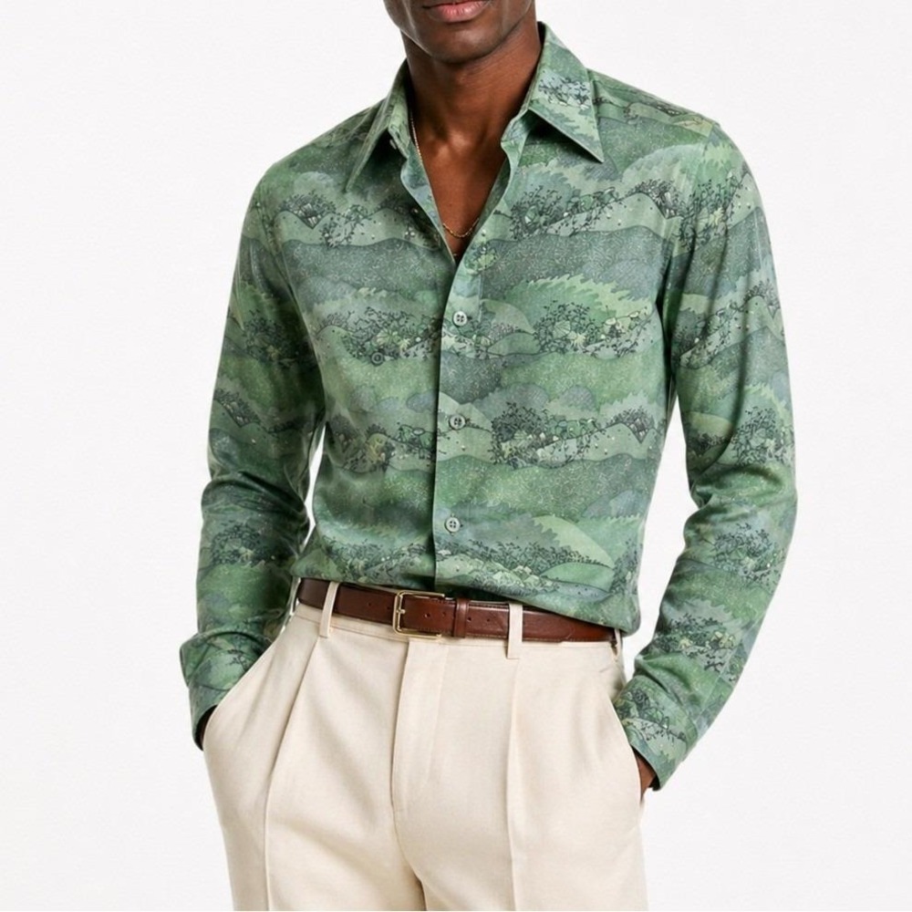 70s Vintage Kaynee Mens S Green Scenic Print Butterfly Collar Button Front Shirt